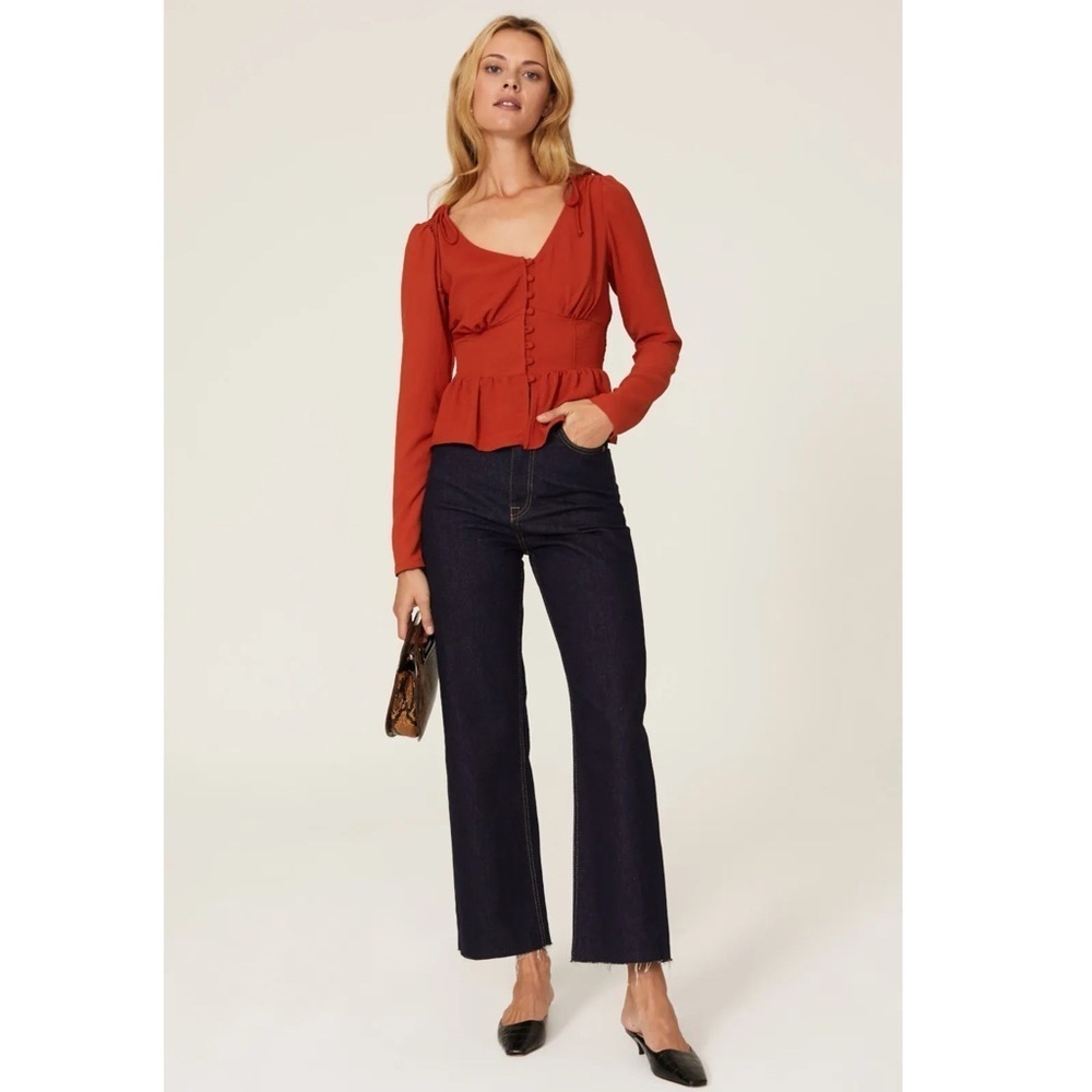 Louna Designer Blouse Red Orange Ruffle Hem Cinched Waist Long Sleeve Sz XS - Picture 4 of 9